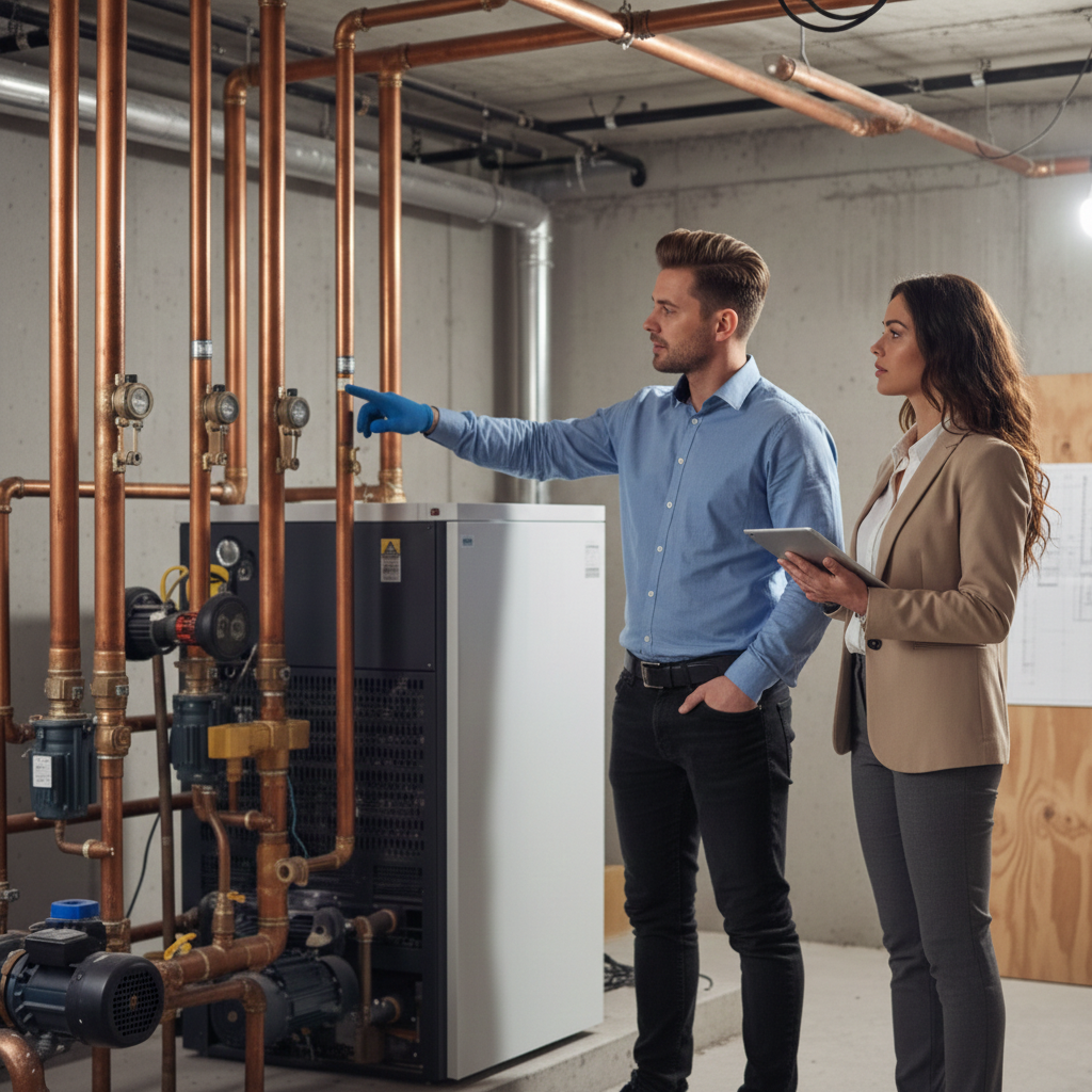 Techniker prüft Rohrleitungen vor Ort