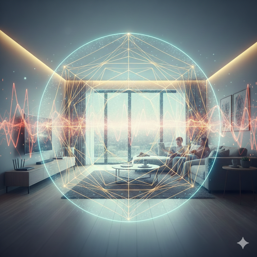 Wohnraum mit abstrahierten Feldlinien